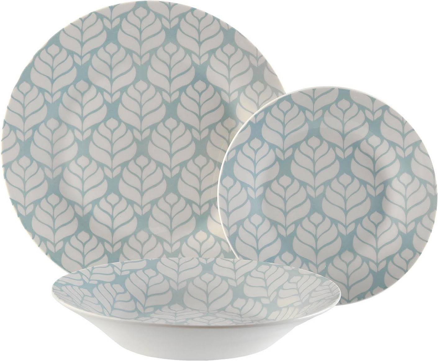 Conjunto de três peças de loiça com padrão de folhas azuis e brancas