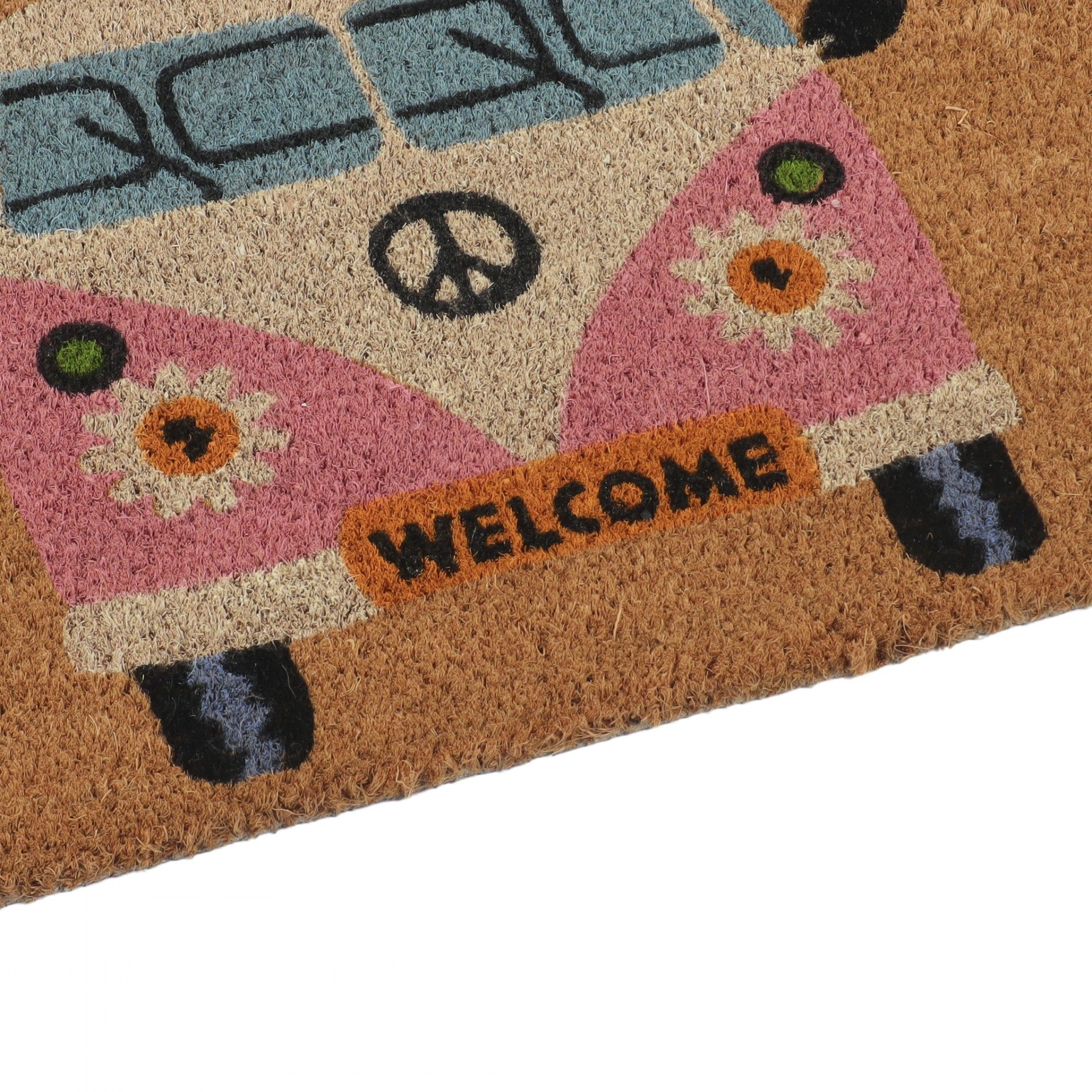 Tapete de boas-vindas com desenho colorido de carrinha e texto WELCOME