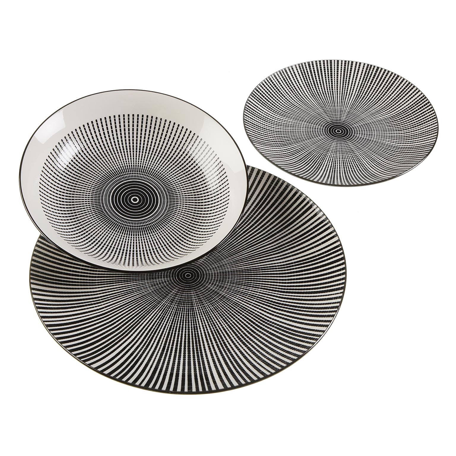 Conjunto de pratos cerâmicos preto e branco com padrão listrado radial