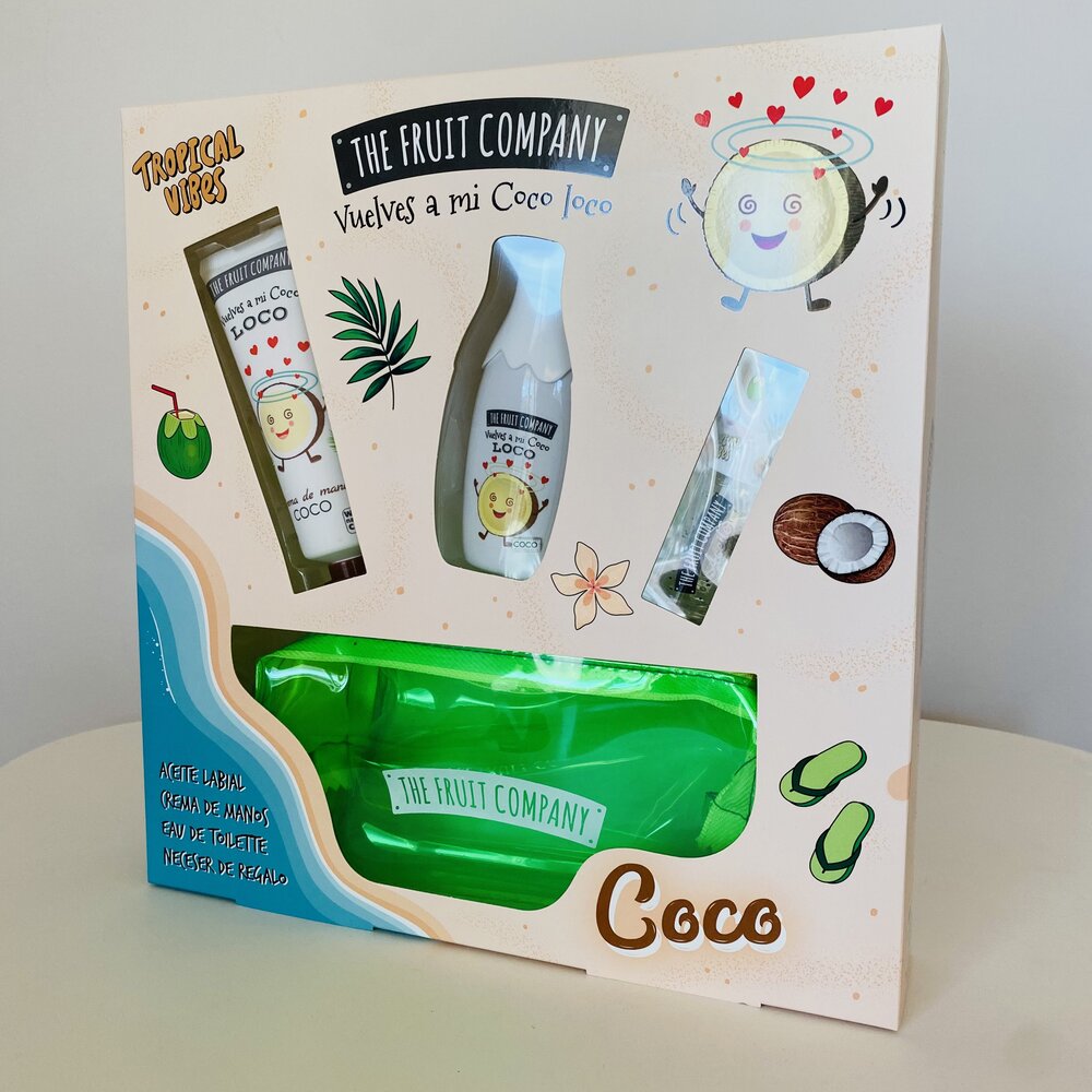 Embalagem de produto THE FRUIT COMPANY com imagens e texto relacionados a coco e tropical vibes