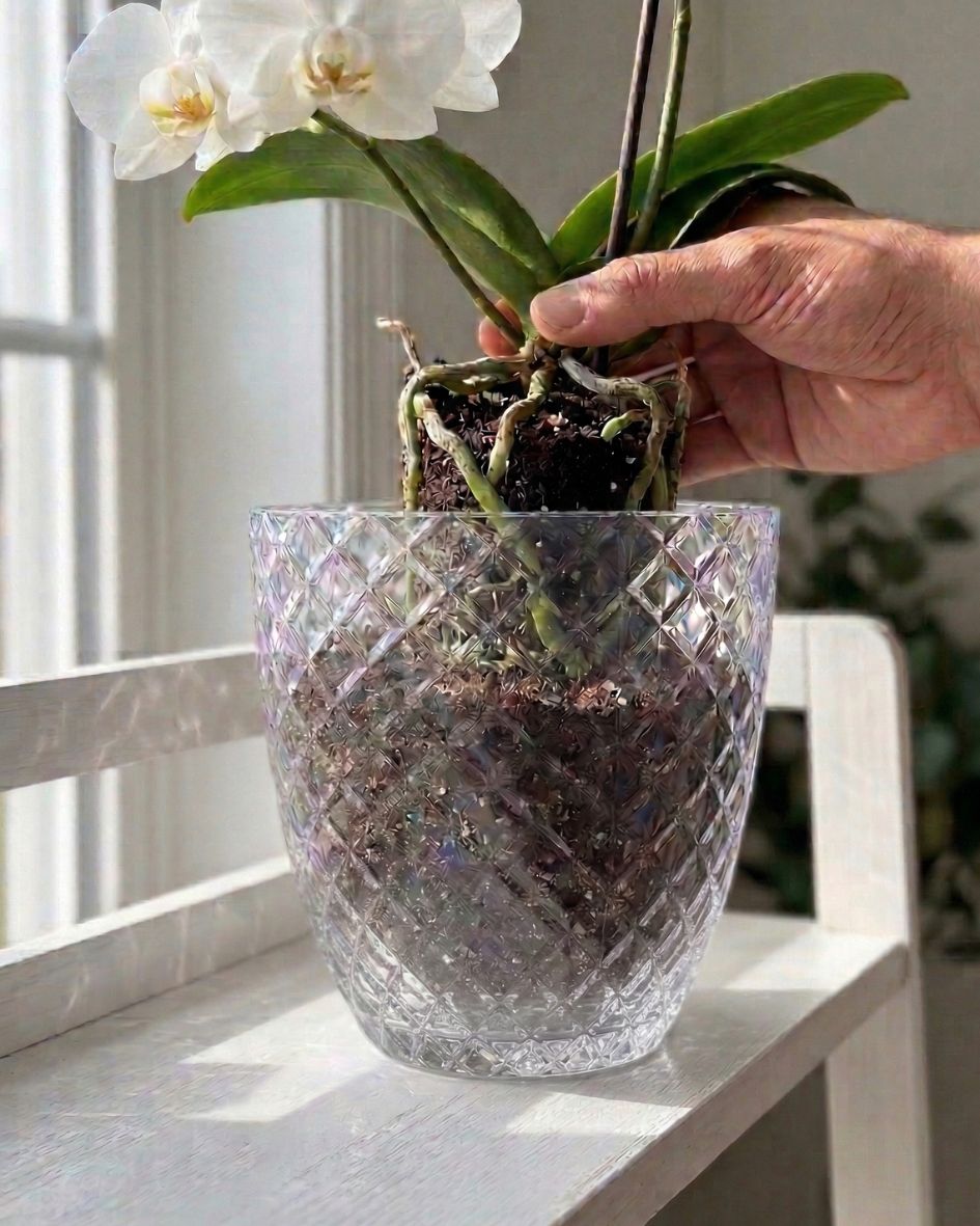 Orquídea branca em vaso transparente texturizado com mão masculina a colocar planta