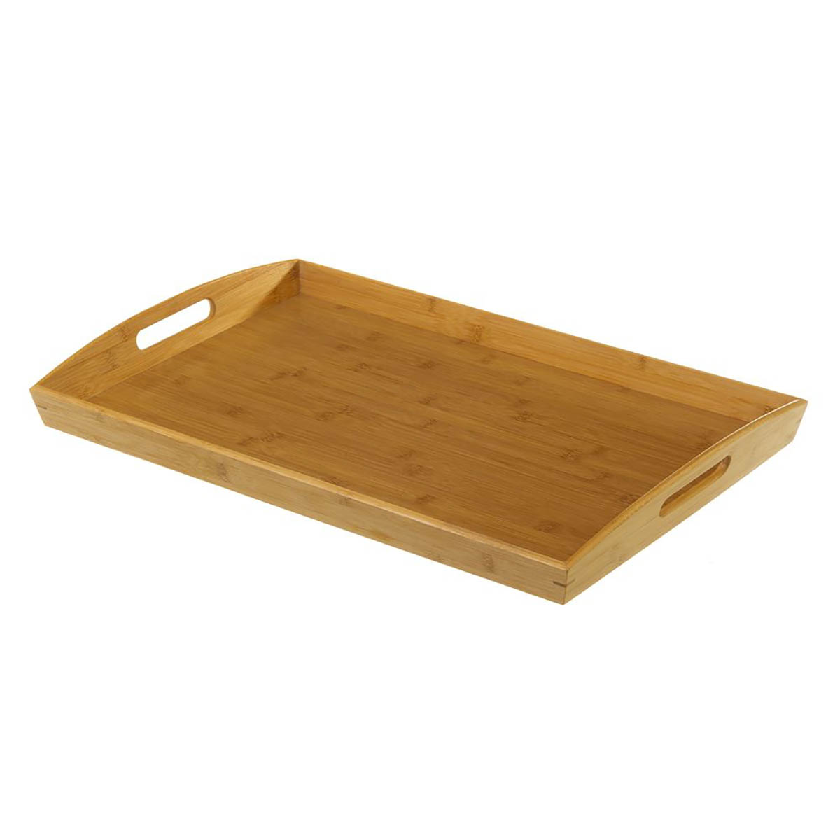 Tabuleiro de madeira retangular com pegas laterais