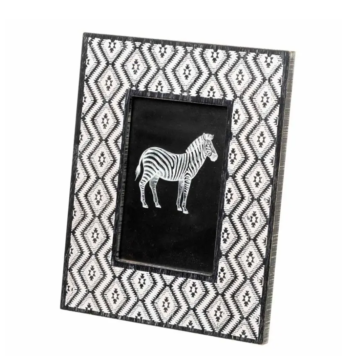 Moldura de fotografia com padrão geométrico preto e branco e imagem de zebra