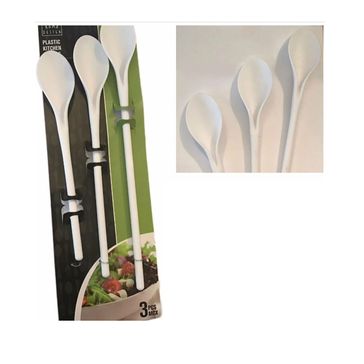 Conjunto de três colheres de plástico branco para cozinha com embalagem