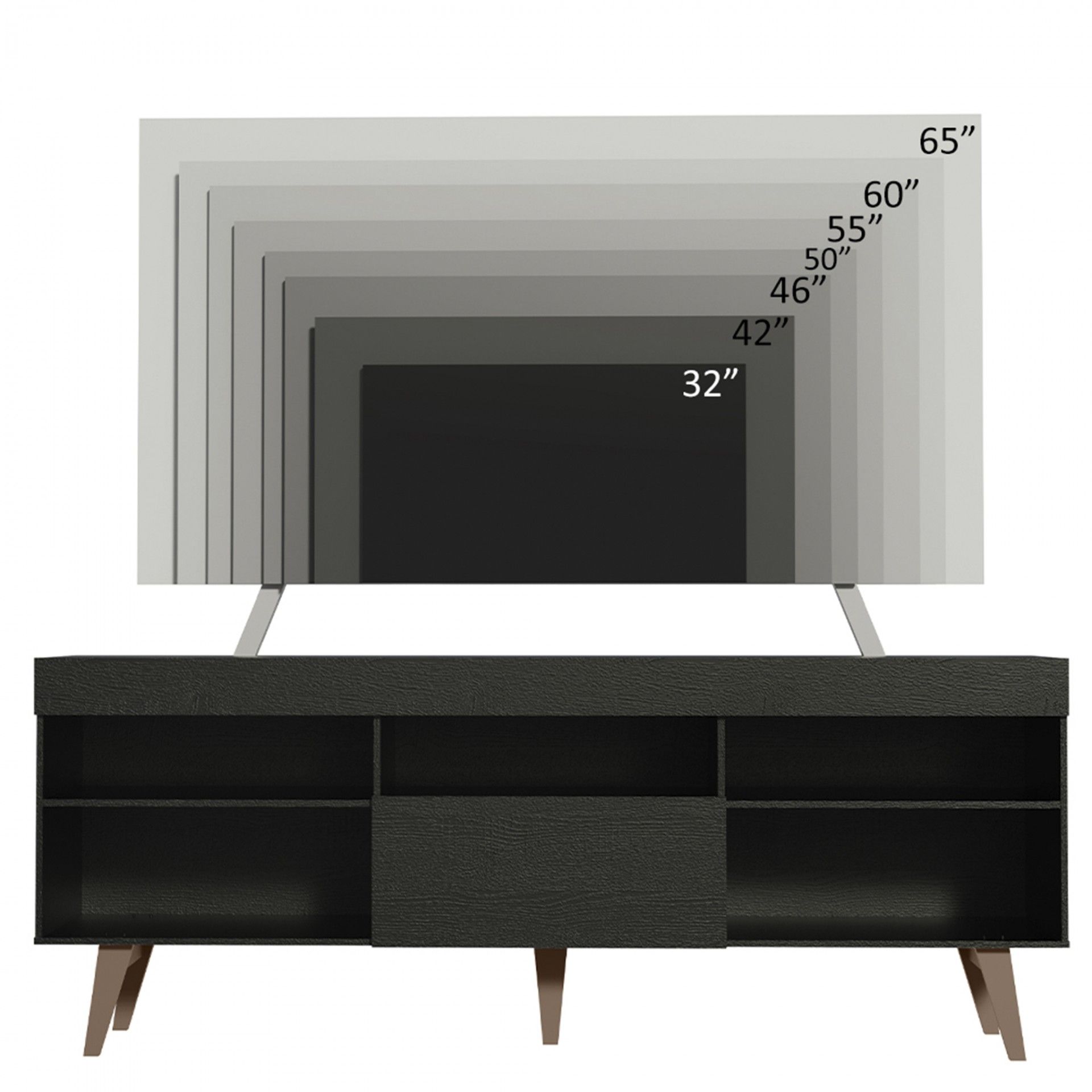 Móvel TV preto com TV mostrando tamanhos diferentes