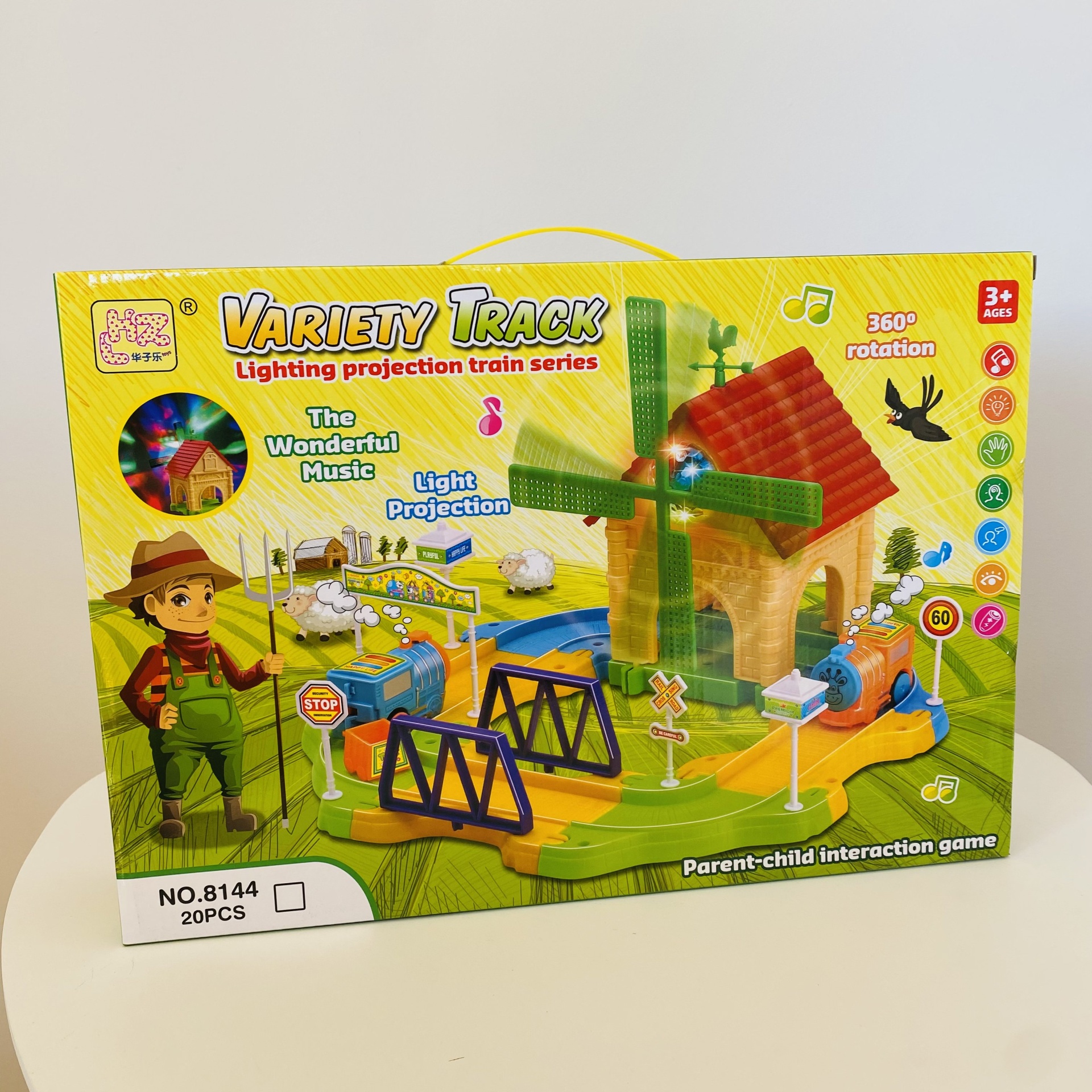 Jogo de comboio VARIETY TRACK com moinho e ponte em caixa amarela