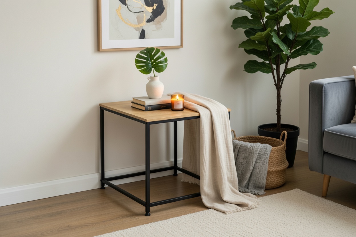Mesa auxiliar de madeira clara com estrutura preta, decorada com vaso, livros, vela e manta numa sala moderna.