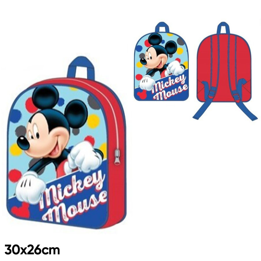Mochila infantil Mickey Mouse azul e vermelha com texto e desenho do personagem