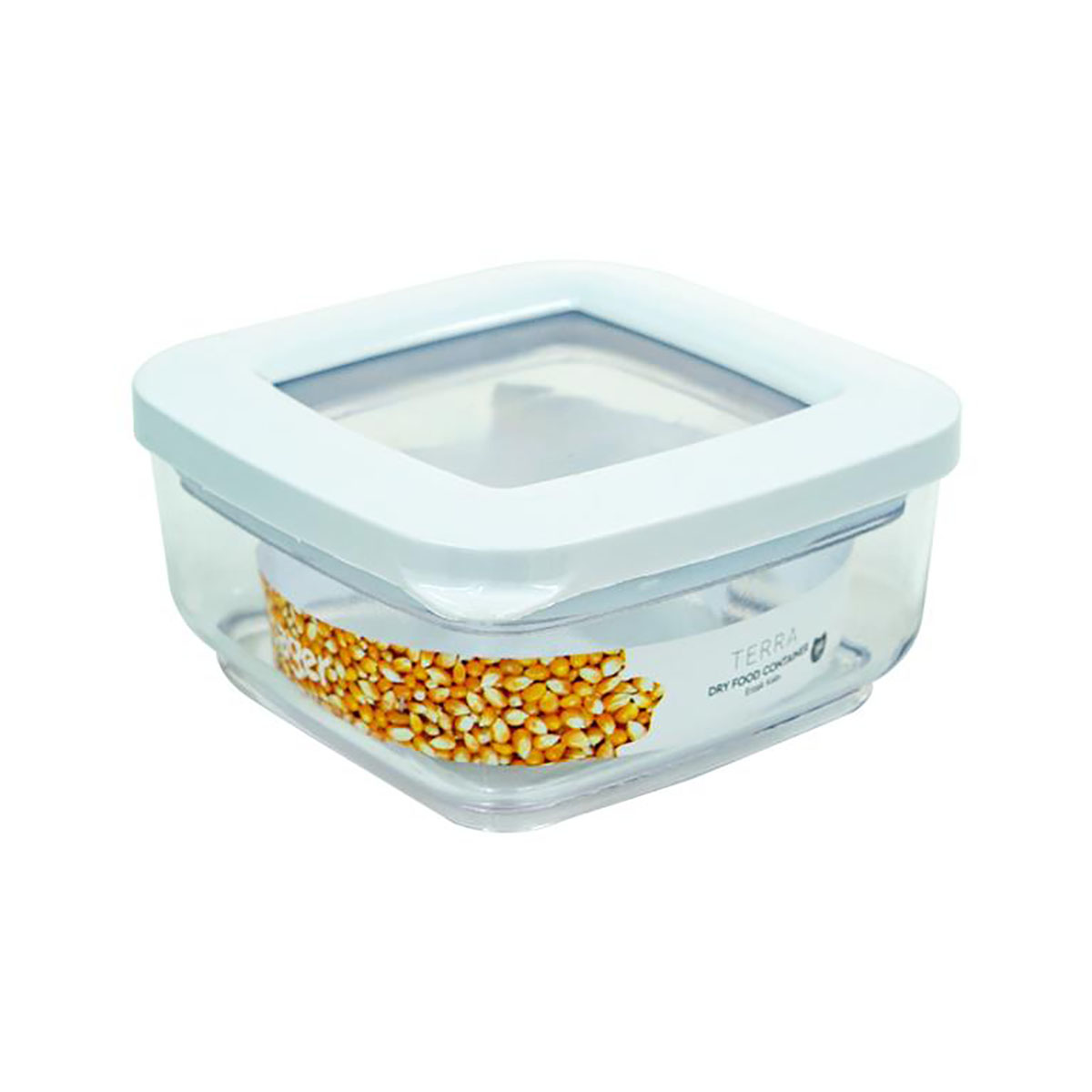 Recipiente de vidro transparente quadrado com tampa branca e milho para pipoca no interior