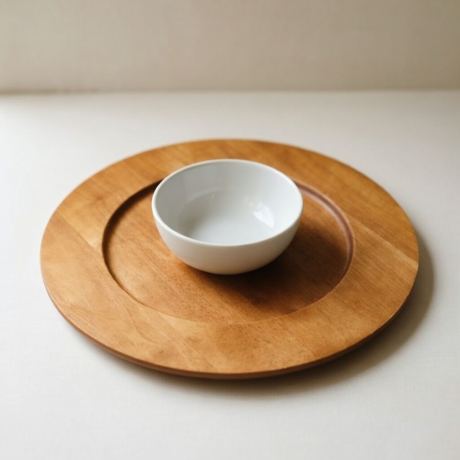 Prato redondo de madeira com tigela branca no centro