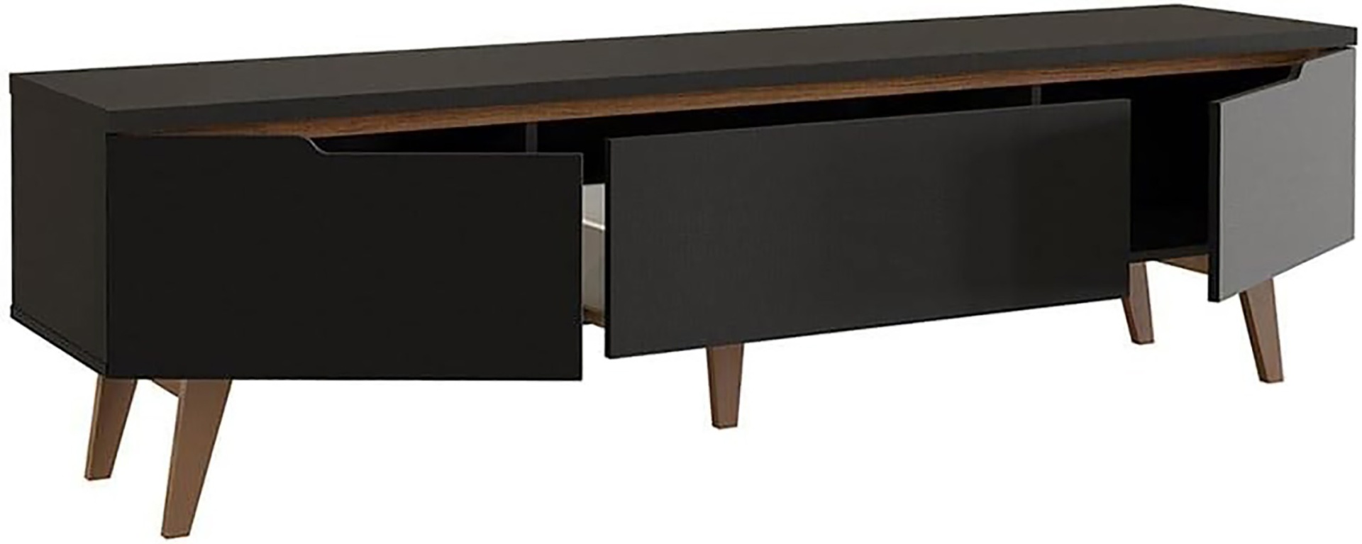Móvel de televisão preto e cinzento com tampo de madeira e pés de madeira clara.