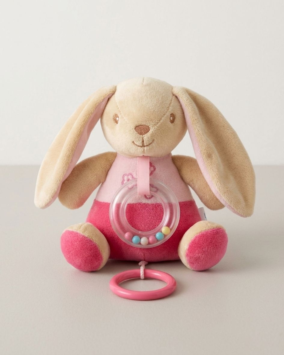 Pelúcia de coelho bege e rosa com argola e bolas coloridas