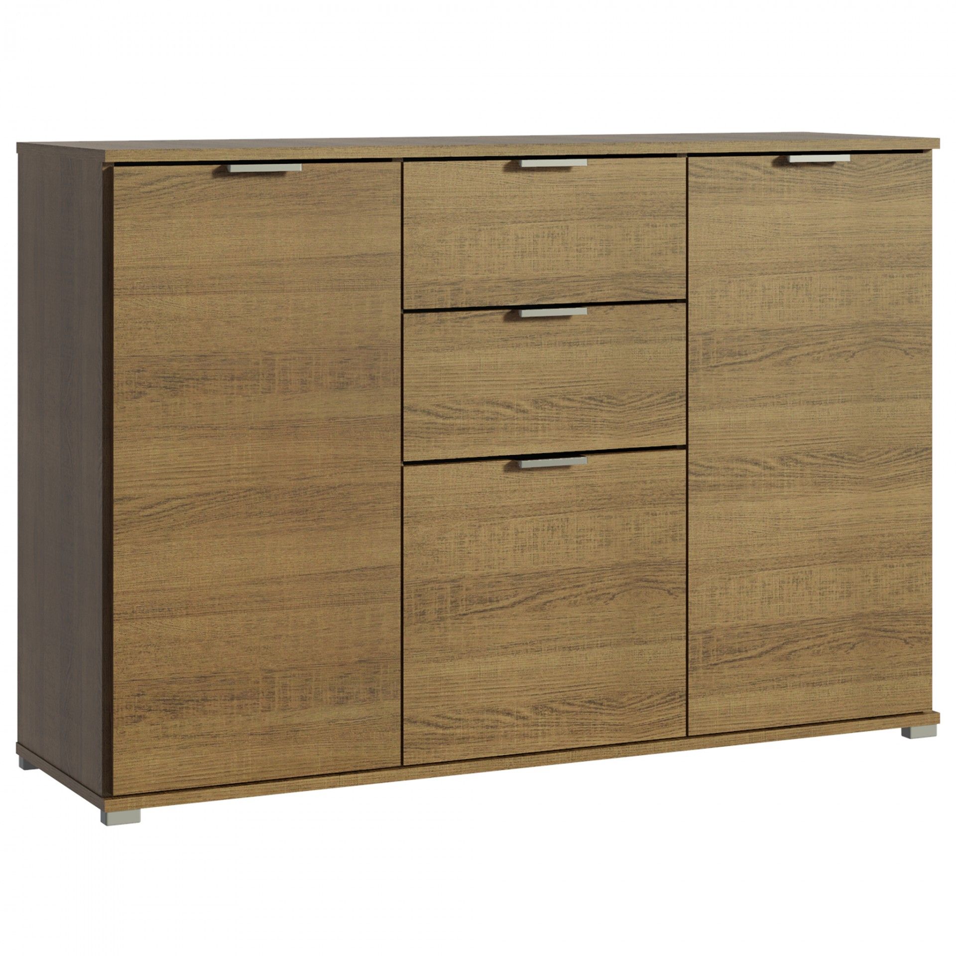 Móvel de arrumação de madeira clara com três portas e duas gavetas