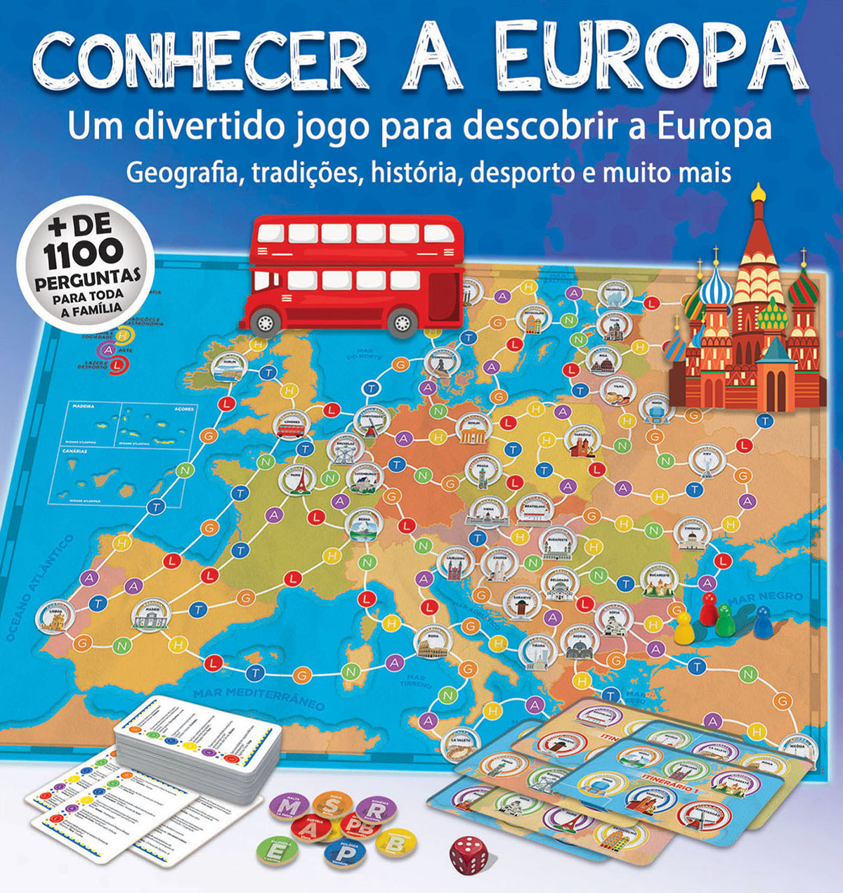 Jogo de tabuleiro CONHECER A EUROPA com mapa, cartas, peças e dados coloridos