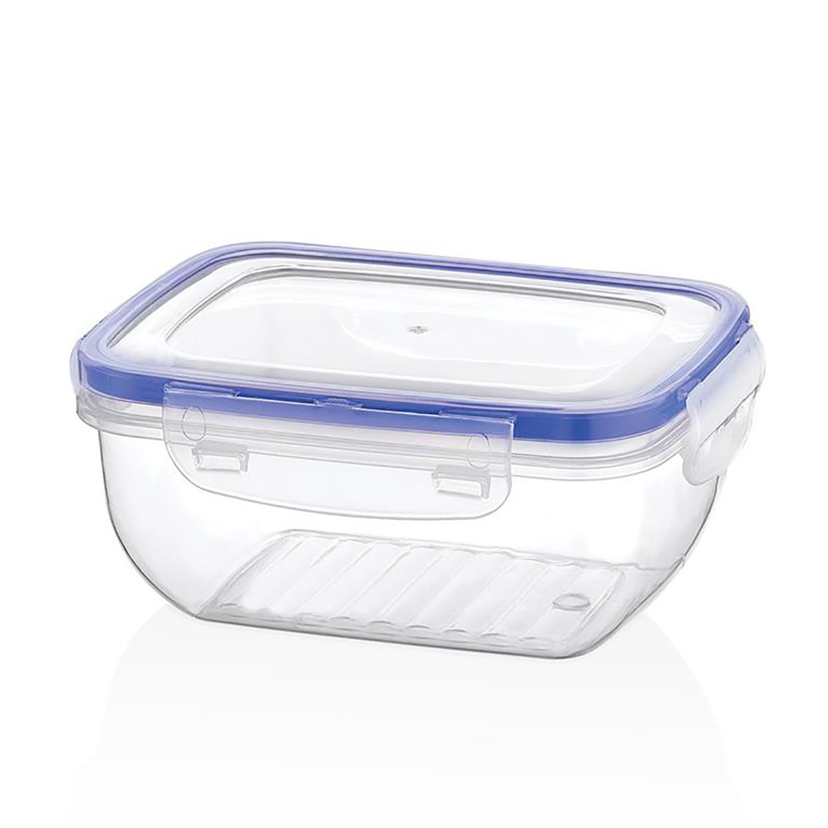 Recipiente plástico transparente com tampa azul de fecho