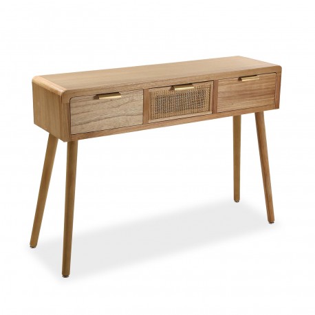 Consola de madeira com três gavetas e pernas finas inclinadas