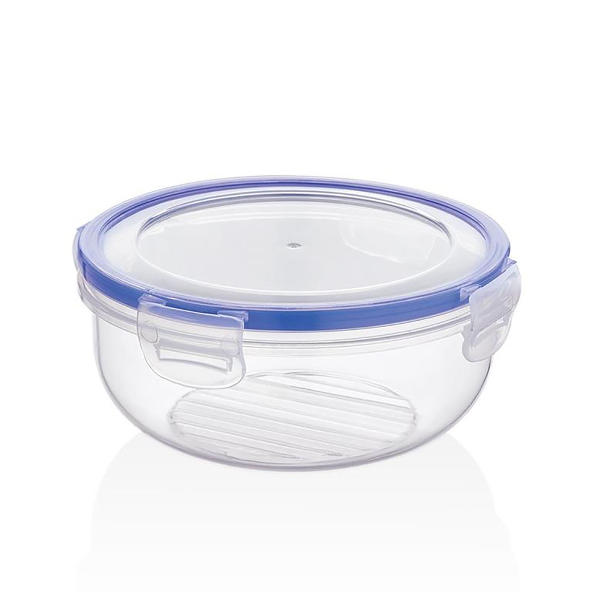 Recipiente redondo transparente em plástico com tampa azul e fecho