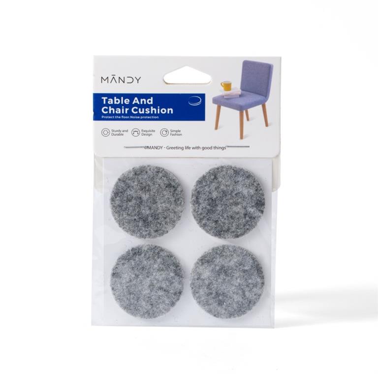 Pack de 4 almofadas redondas cinzentas para proteção de mesas e cadeiras em embalagem branca e azul.