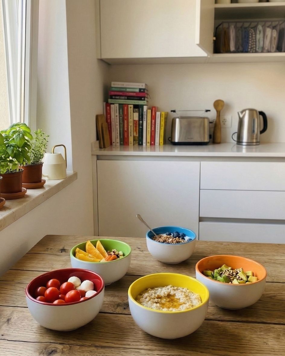 Cinco tigelas coloridas em mesa de cozinha com alimentos