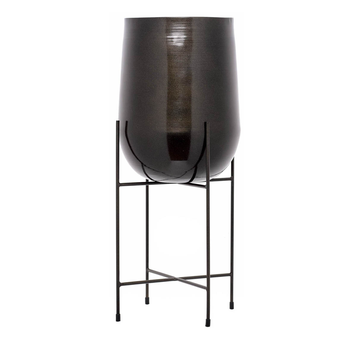 Vaso preto decorativo em cerâmica com suporte metálico