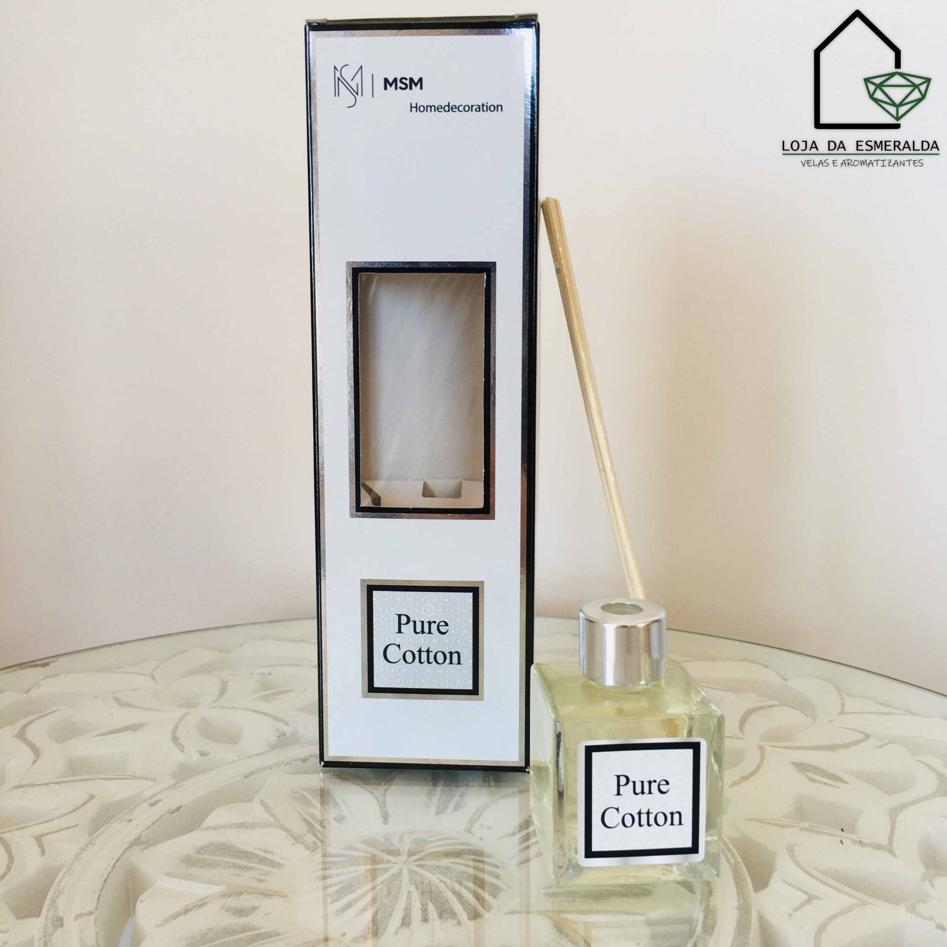Difusor de ambiente MSM Pure Cotton com embalagem branca e frasco de vidro transparente