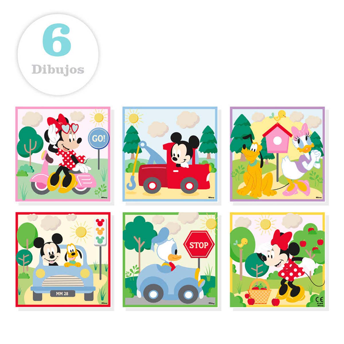 Seis desenhos coloridos de personagens Disney em diversos cenários ao ar livre