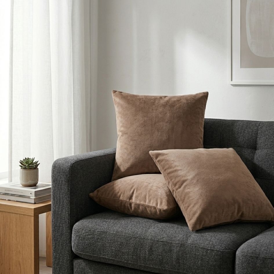 Almofadas castanho claro sobre sofá cinzento com mesa de madeira e planta suculenta