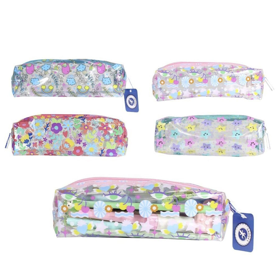 Conjunto de cinco bolsas de maquilhagem transparentes com padrões florais