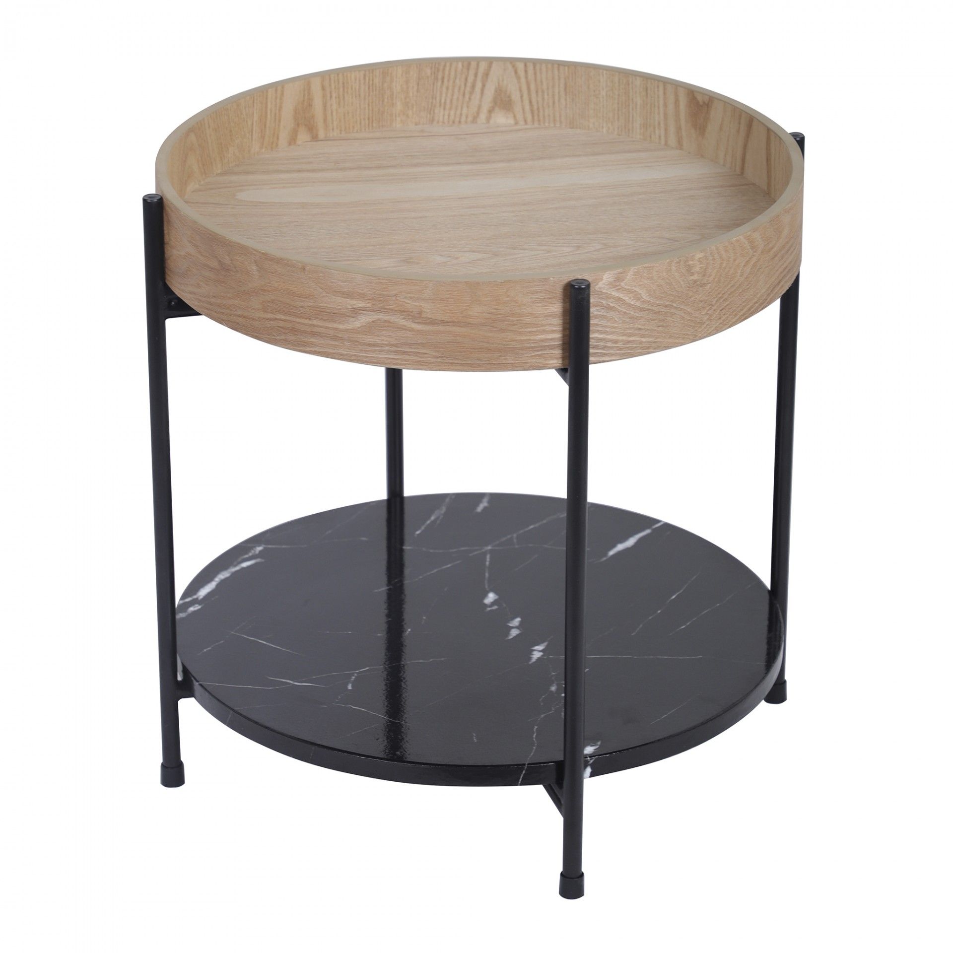 Mesa de apoio redonda com pedra preta e madeira clara