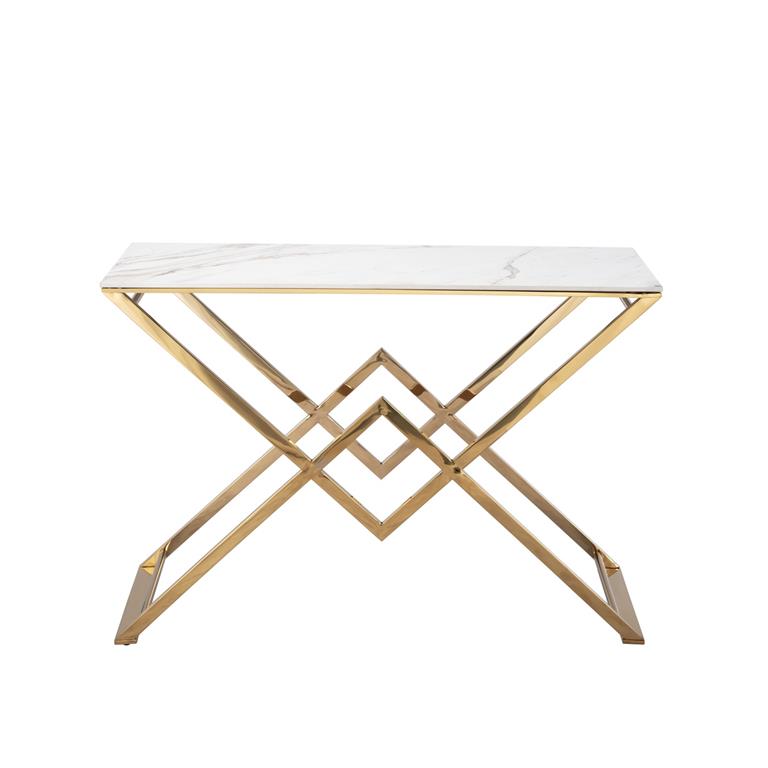 Mesa de apoio com tampo de mármore branco e base dourada geométrica