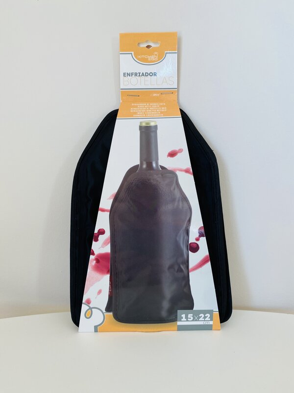 Enfriador de botellas preto com embalagem cartão branco e laranja