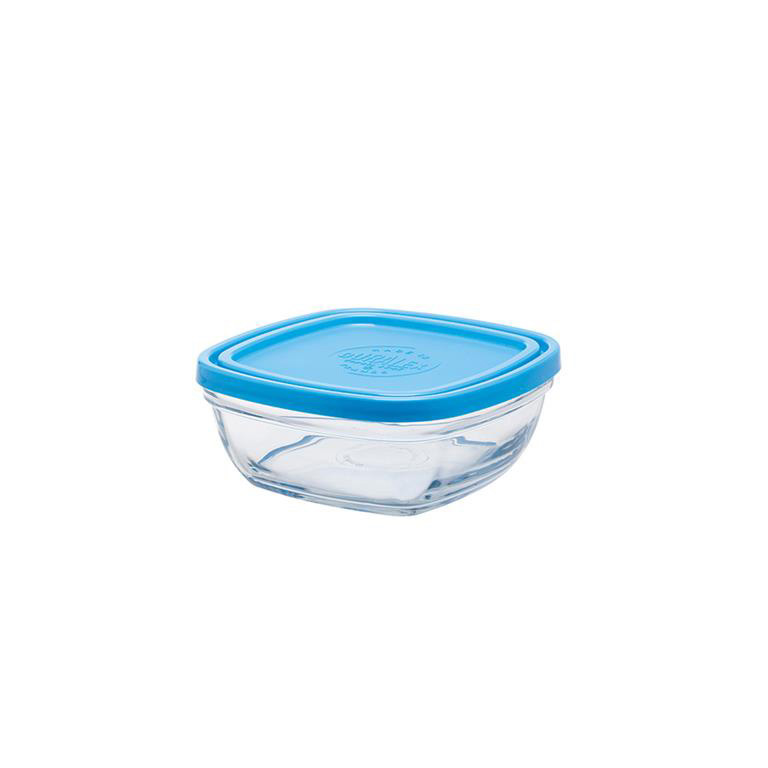 Recipiente quadrado de vidro com tampa azul
