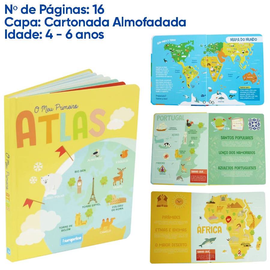 Livro infantil educativo ATLAS com capa almofadada e mapas coloridos para crianças de 4 a 6 anos.