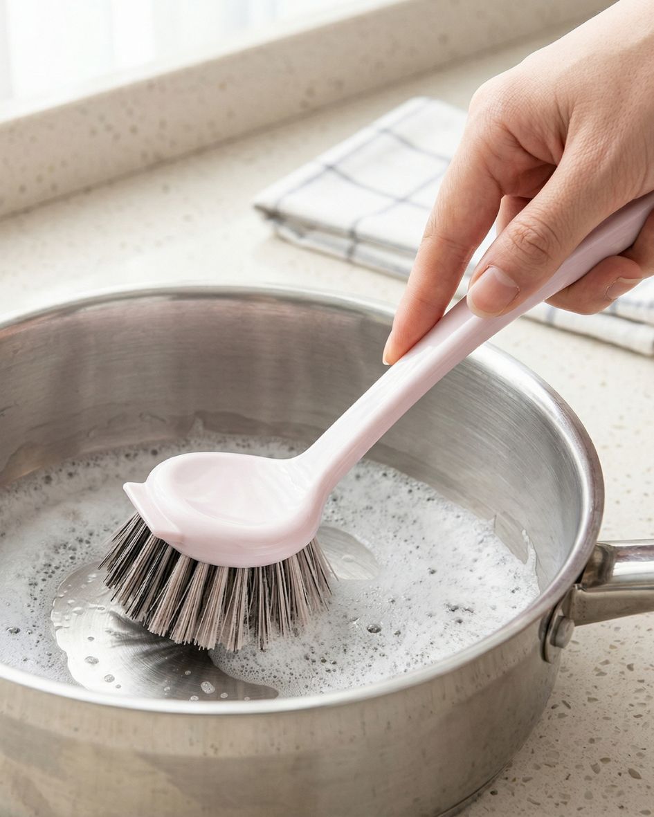 Escova rosa com cerdas em panela de aço inoxidável sendo usada para lavar.