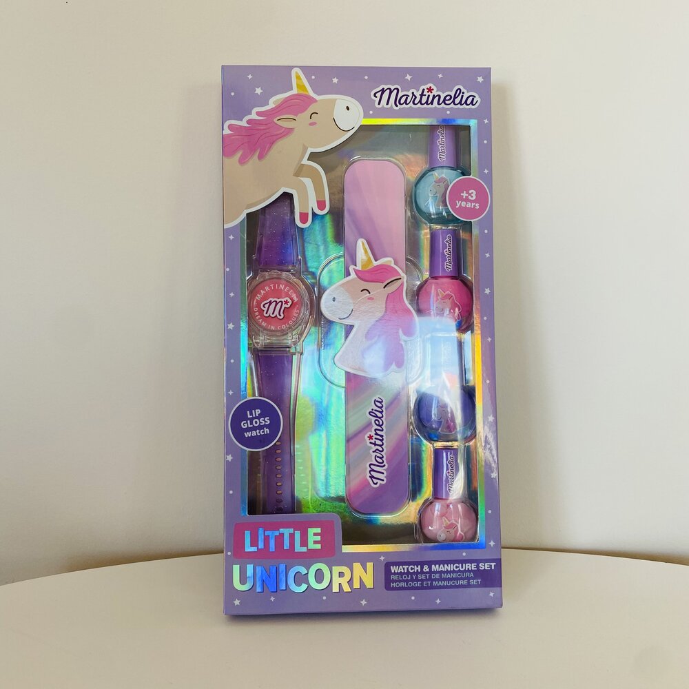 Conjunto infantil Little Unicorn com relógio, esmalte e verniz labial em caixa roxa com ilustração de unicórnio