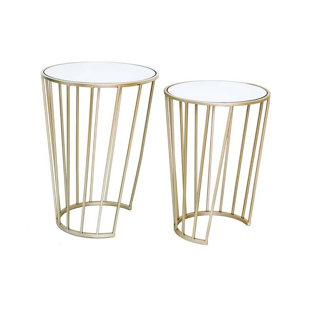 Conjunto de duas mesas auxiliares redondas com tampo branco e estrutura dourada metálica