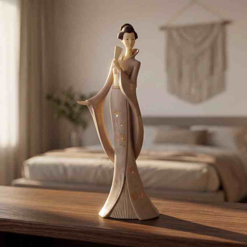 Estatueta decorativa de mulher oriental a segurar um leque com quimono em tons pastel e detalhes dourados