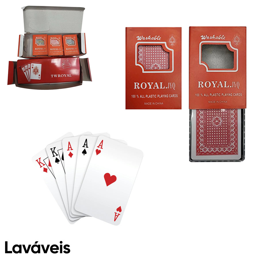 Baralhos de cartas plásticas vermelhas em caixas laranjas com cartas abertas mostrando valores e padrão atrás