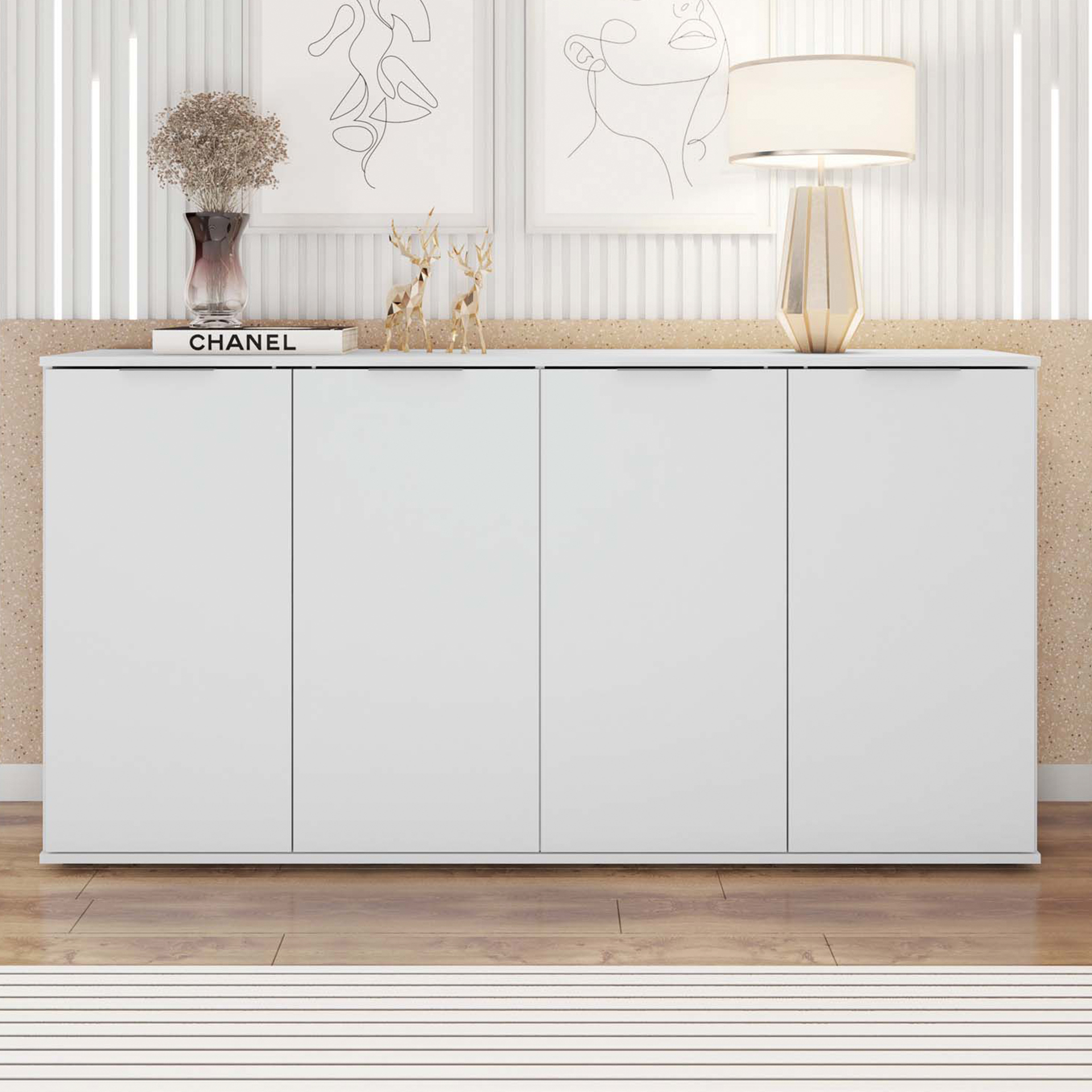 Aparador branco com decoração minimalista e candeeiro moderno