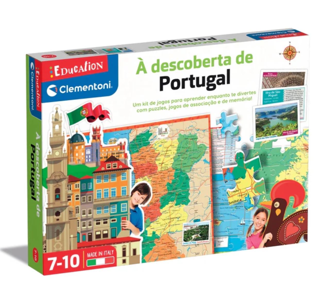caixa de jogo educativo À descoberta de Portugal com mapa, crianças e edifícios coloridos