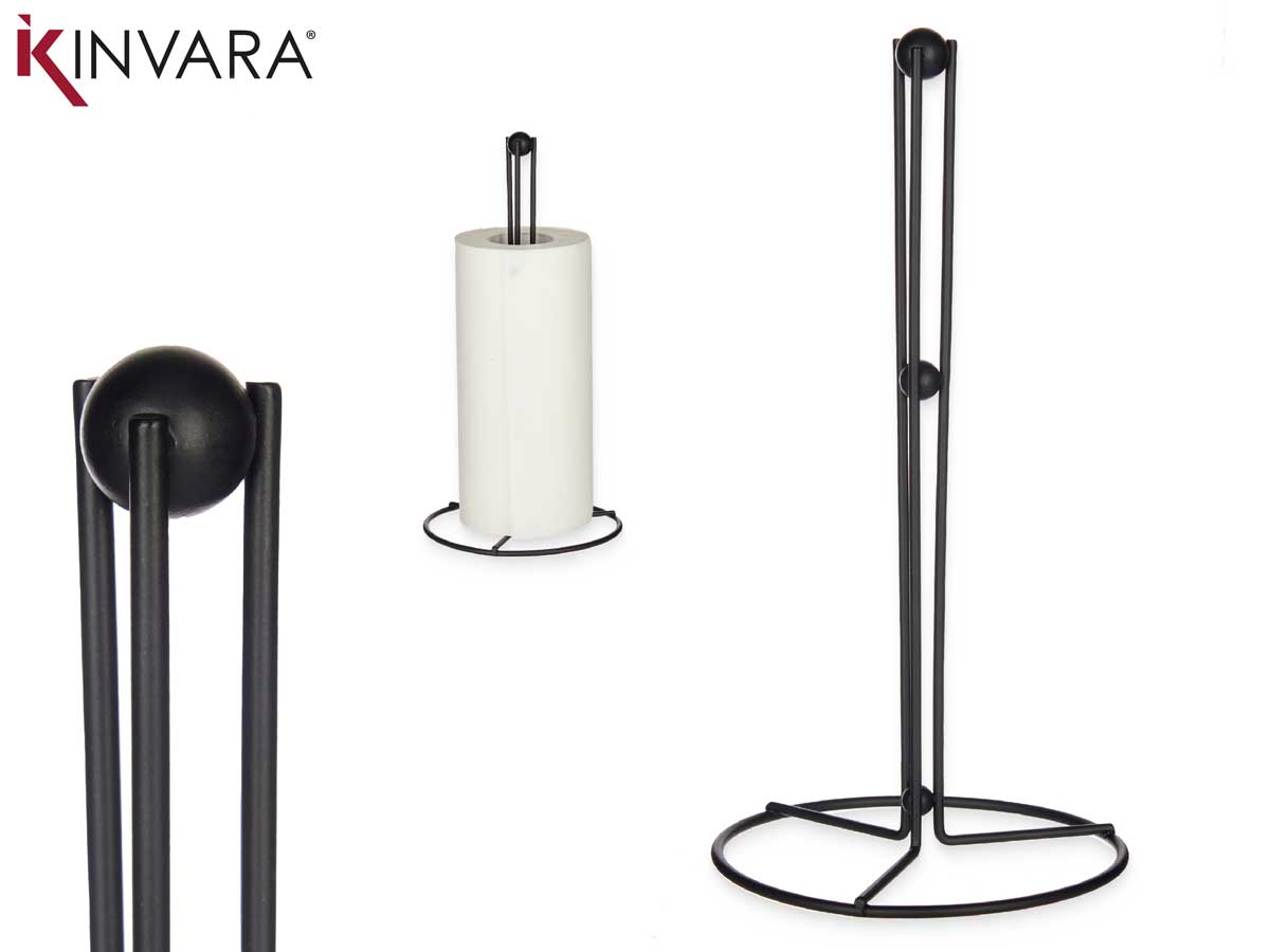 Suporte para papel Kinvara em metal preto com rolo branco