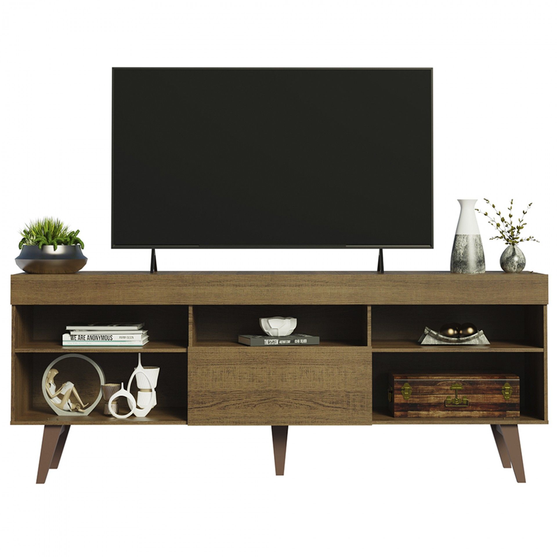 Móvel de televisão em madeira castanha com várias decorações e televisão em fundo branco