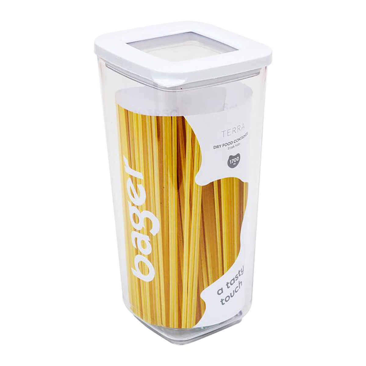 Recipiente de armazenamento transparente com tampa branca contendo espaguete e etiquetas com texto