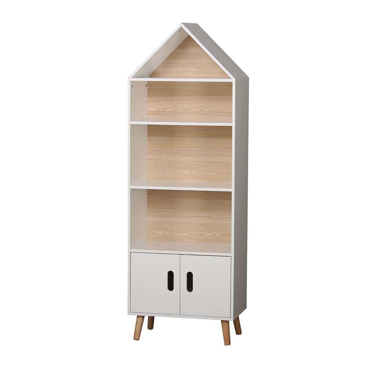 Estante em forma de casa com prateleiras e portas em madeira e branco