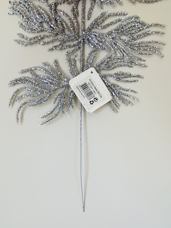 Ramo decorativo prateado com glitter e etiqueta branca