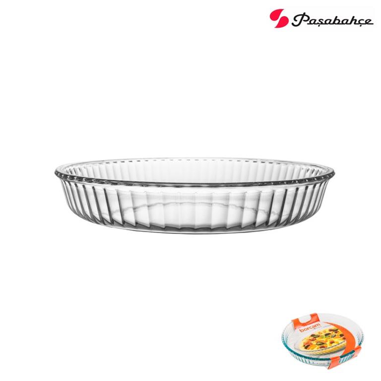 Prato de forno redondo em vidro transparente com superfície estriada e etiqueta colorida