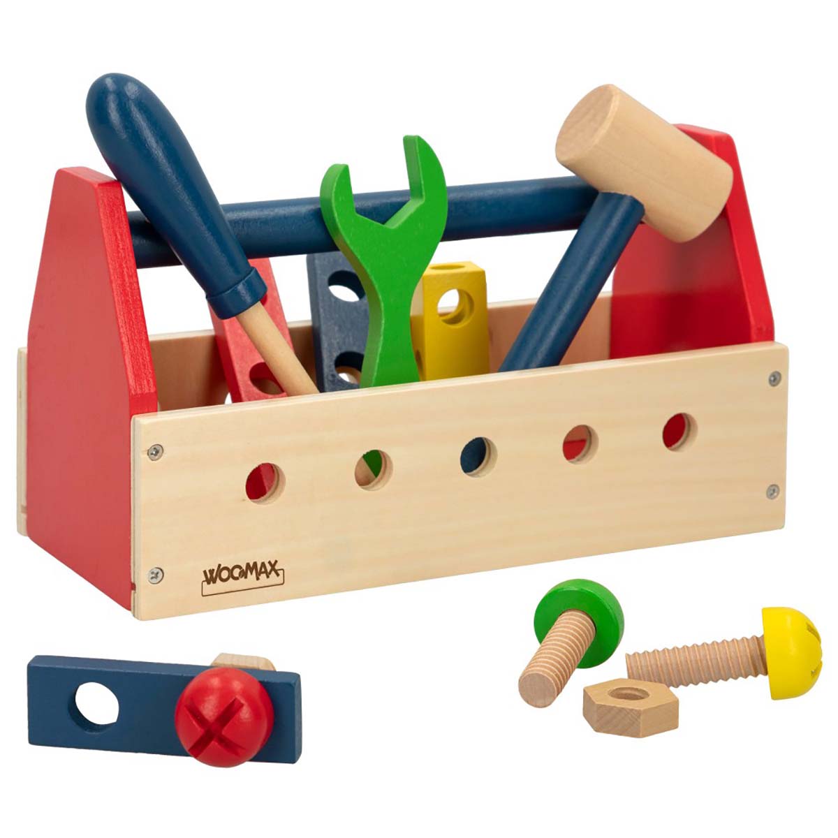 Conjunto de ferramentas de madeira colorida para crianças com caixa vermelha e natural
