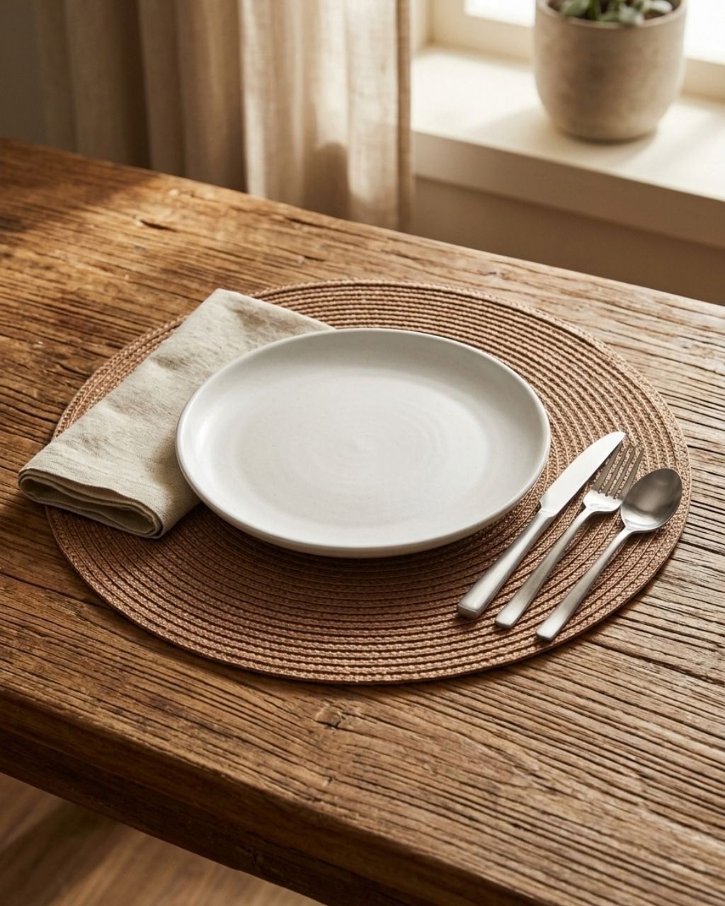 Conjunto de jantar com prato branco, guardanapo bege, base trançada castanha e talheres em mesa de madeira.