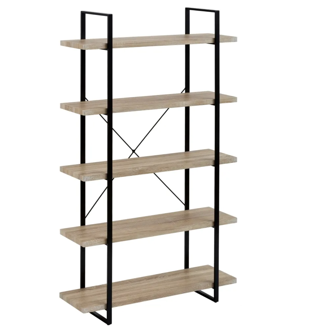 Estante de madeira clara com estrutura metálica preta