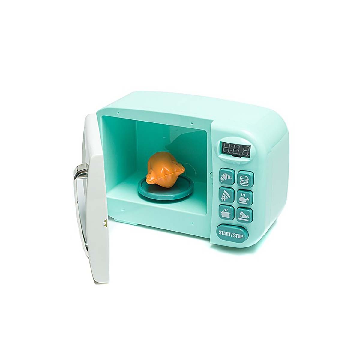 Micro-ondas de brinquedo em plástico verde água com porta aberta e conteúdo laranja